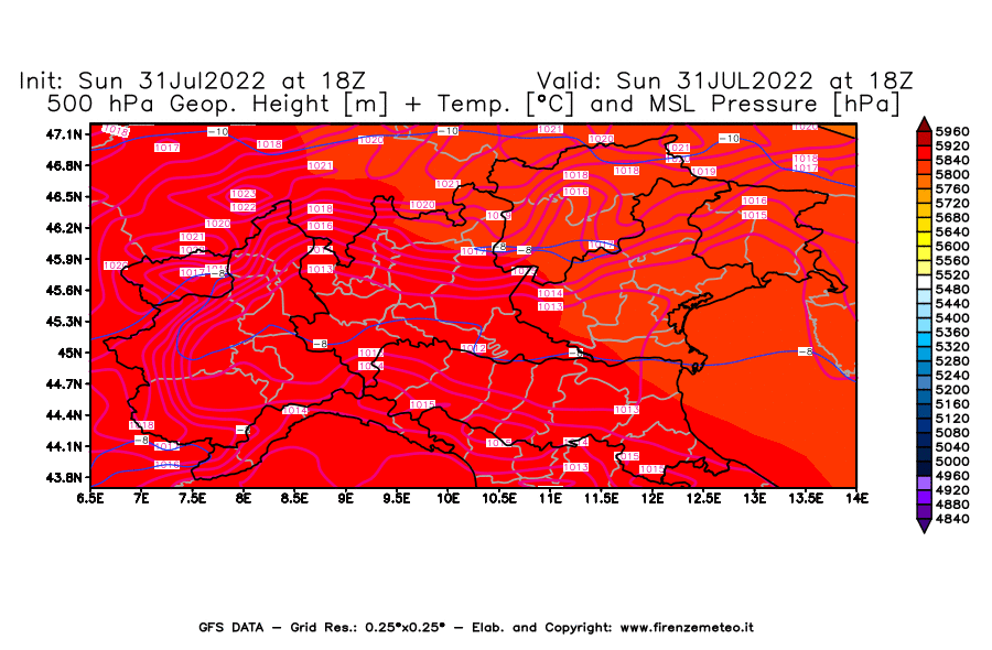 GFS analysi map - Geopotential [m] + Temp. [°C] at 500 hPa + Sea Level Pressure [hPa] in Northern Italy
									on 31/07/2022 18 <!--googleoff: index-->UTC<!--googleon: index-->