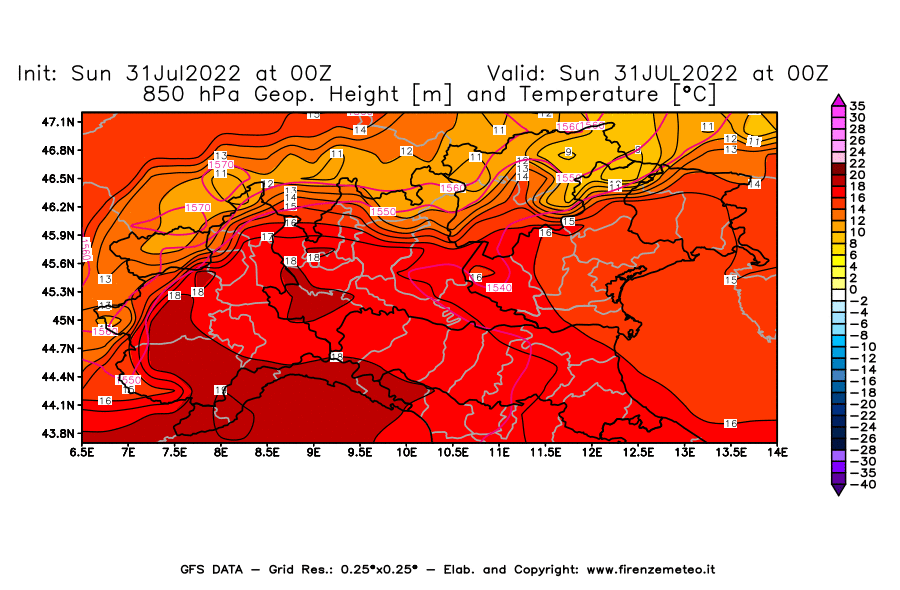 GFS analysi map - Geopotential [m] and Temperature [°C] at 850 hPa in Northern Italy
									on 31/07/2022 00 <!--googleoff: index-->UTC<!--googleon: index-->