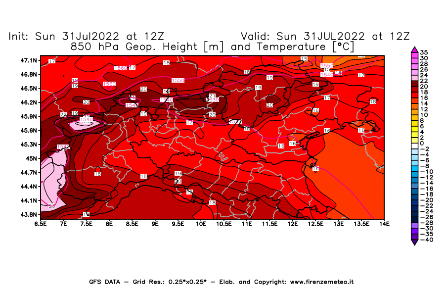 GFS analysi map - Geopotential [m] and Temperature [°C] at 850 hPa in Northern Italy
									on 31/07/2022 12 <!--googleoff: index-->UTC<!--googleon: index-->