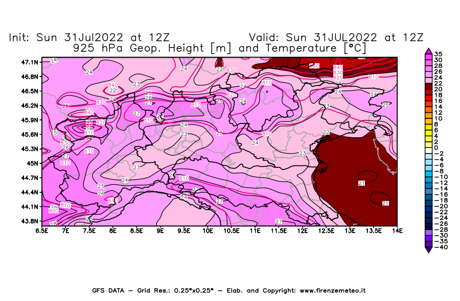 GFS analysi map - Geopotential [m] and Temperature [°C] at 925 hPa in Northern Italy
									on 31/07/2022 12 <!--googleoff: index-->UTC<!--googleon: index-->