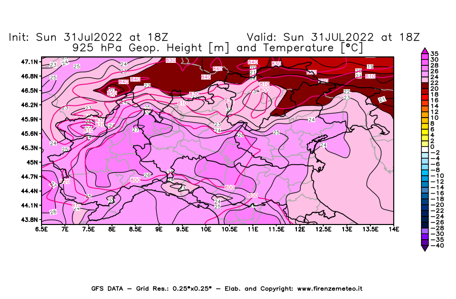 GFS analysi map - Geopotential [m] and Temperature [°C] at 925 hPa in Northern Italy
									on 31/07/2022 18 <!--googleoff: index-->UTC<!--googleon: index-->