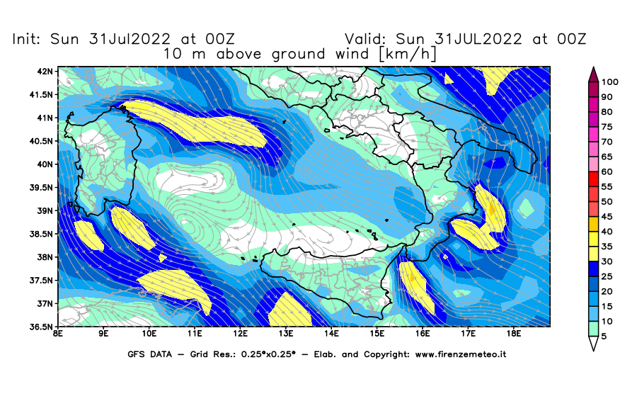 GFS analysi map - Wind Speed at 10 m above ground [km/h] in Southern Italy
									on 31/07/2022 00 <!--googleoff: index-->UTC<!--googleon: index-->