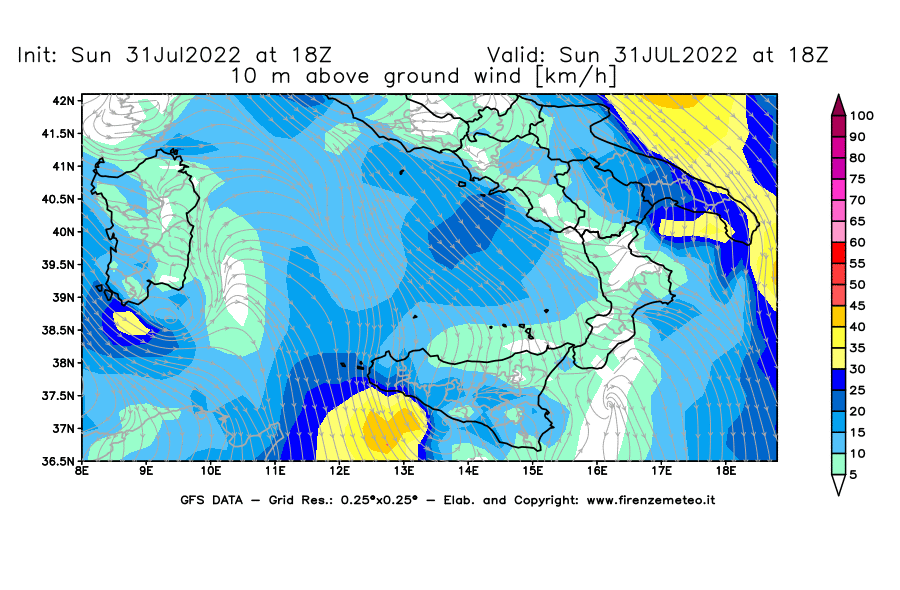 GFS analysi map - Wind Speed at 10 m above ground [km/h] in Southern Italy
									on 31/07/2022 18 <!--googleoff: index-->UTC<!--googleon: index-->
