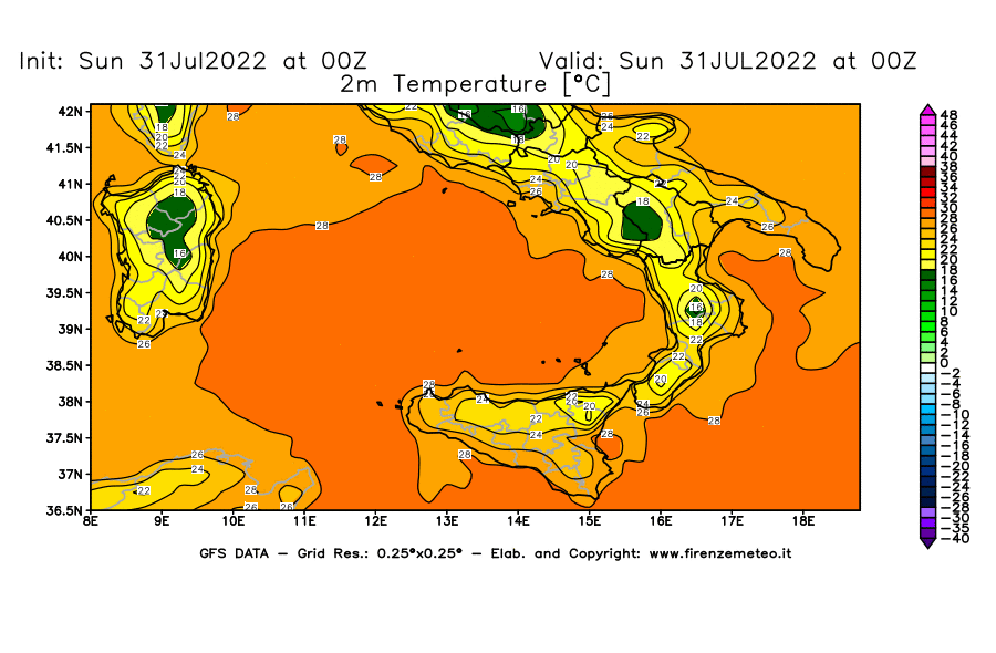 GFS analysi map - Temperature at 2 m above ground [°C] in Southern Italy
									on 31/07/2022 00 <!--googleoff: index-->UTC<!--googleon: index-->