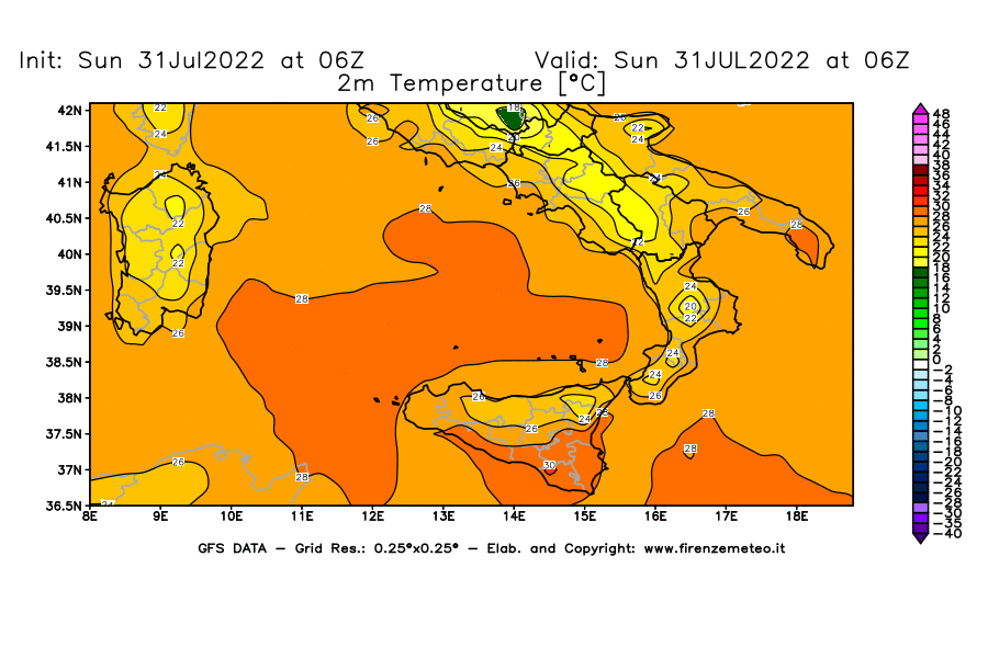 GFS analysi map - Temperature at 2 m above ground [°C] in Southern Italy
									on 31/07/2022 06 <!--googleoff: index-->UTC<!--googleon: index-->