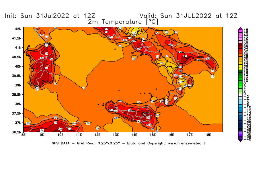 GFS analysi map - Temperature at 2 m above ground [°C] in Southern Italy
									on 31/07/2022 12 <!--googleoff: index-->UTC<!--googleon: index-->