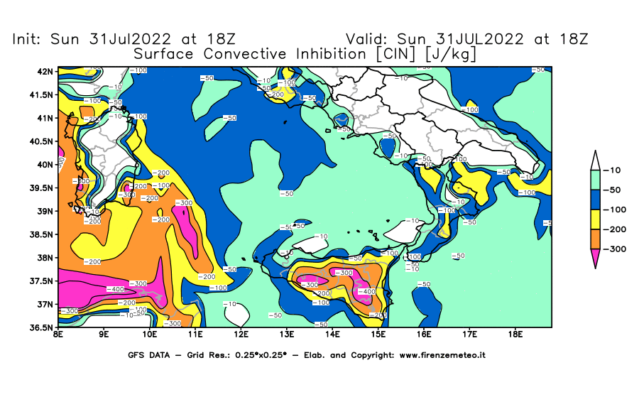 GFS analysi map - CIN [J/kg] in Southern Italy
									on 31/07/2022 18 <!--googleoff: index-->UTC<!--googleon: index-->