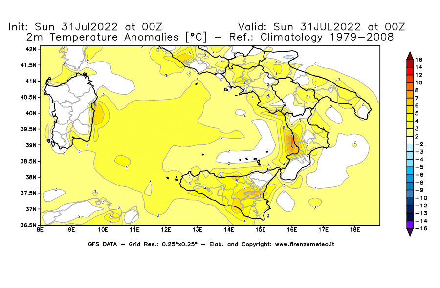 GFS analysi map - Temperature Anomalies [°C] at 2 m in Southern Italy
									on 31/07/2022 00 <!--googleoff: index-->UTC<!--googleon: index-->