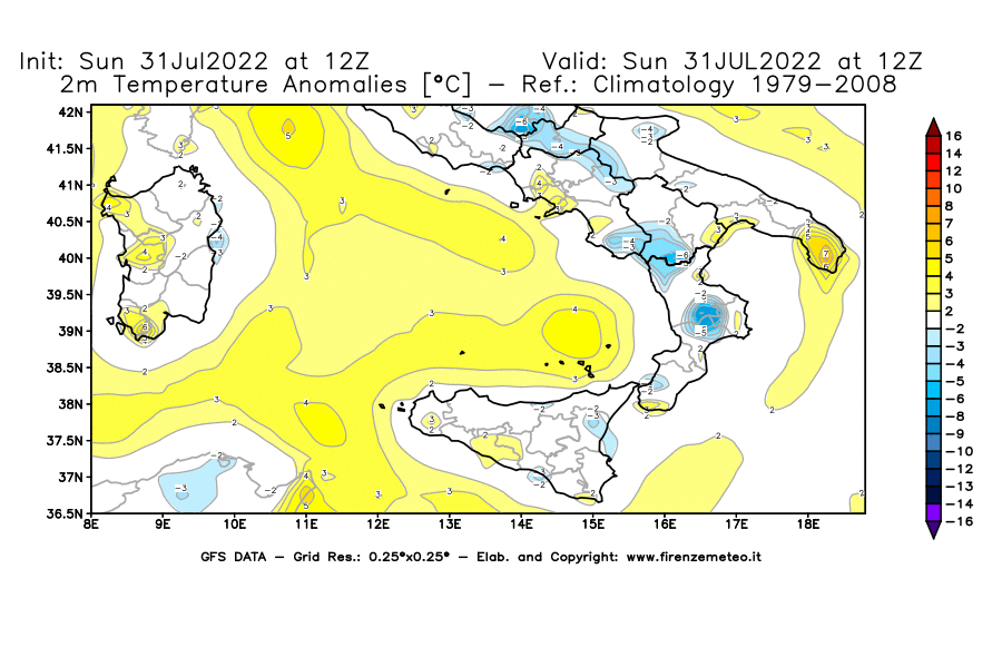 GFS analysi map - Temperature Anomalies [°C] at 2 m in Southern Italy
									on 31/07/2022 12 <!--googleoff: index-->UTC<!--googleon: index-->