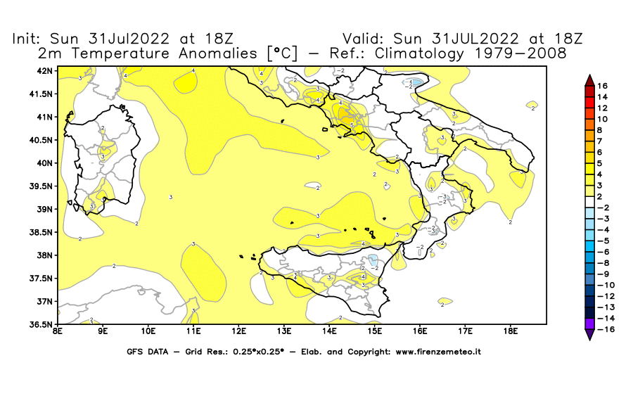 GFS analysi map - Temperature Anomalies [°C] at 2 m in Southern Italy
									on 31/07/2022 18 <!--googleoff: index-->UTC<!--googleon: index-->