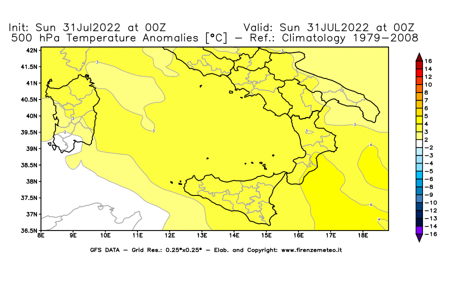 GFS analysi map - Temperature Anomalies [°C] at 500 hPa in Southern Italy
									on 31/07/2022 00 <!--googleoff: index-->UTC<!--googleon: index-->