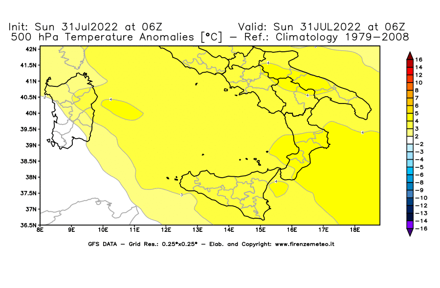 GFS analysi map - Temperature Anomalies [°C] at 500 hPa in Southern Italy
									on 31/07/2022 06 <!--googleoff: index-->UTC<!--googleon: index-->
