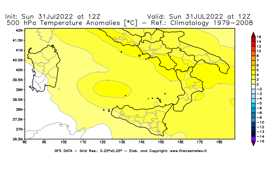 GFS analysi map - Temperature Anomalies [°C] at 500 hPa in Southern Italy
									on 31/07/2022 12 <!--googleoff: index-->UTC<!--googleon: index-->