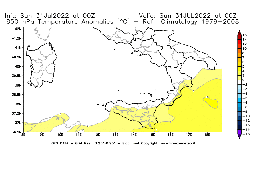 GFS analysi map - Temperature Anomalies [°C] at 850 hPa in Southern Italy
									on 31/07/2022 00 <!--googleoff: index-->UTC<!--googleon: index-->