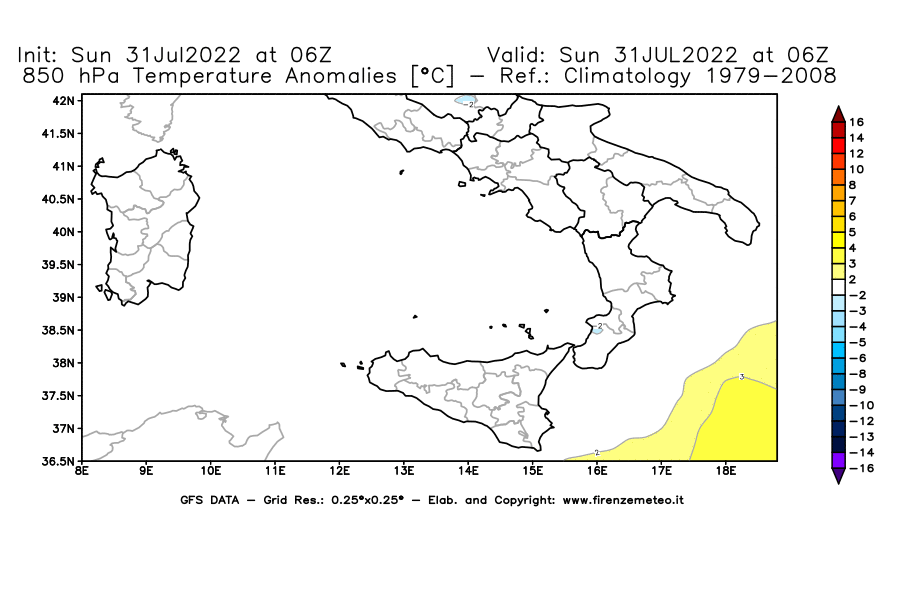 GFS analysi map - Temperature Anomalies [°C] at 850 hPa in Southern Italy
									on 31/07/2022 06 <!--googleoff: index-->UTC<!--googleon: index-->