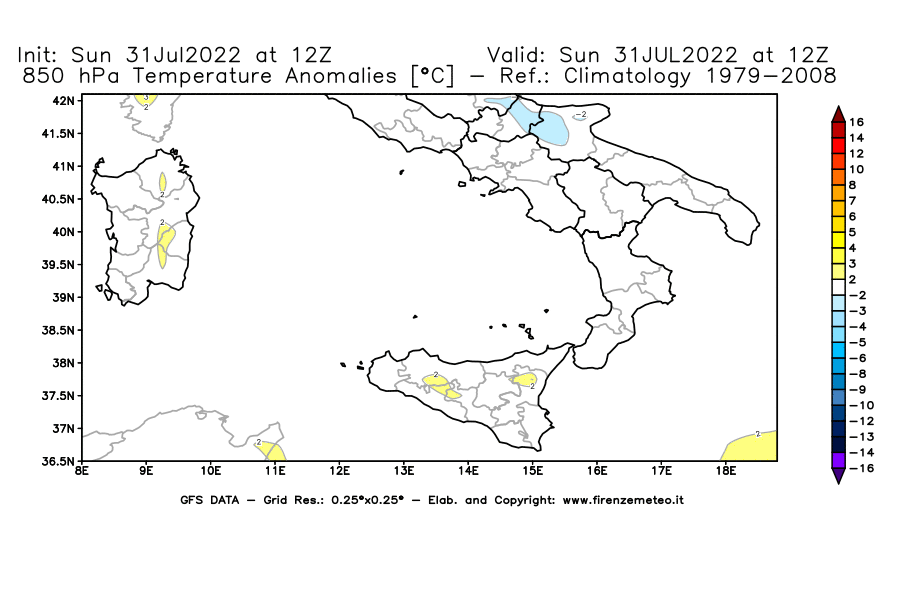 GFS analysi map - Temperature Anomalies [°C] at 850 hPa in Southern Italy
									on 31/07/2022 12 <!--googleoff: index-->UTC<!--googleon: index-->