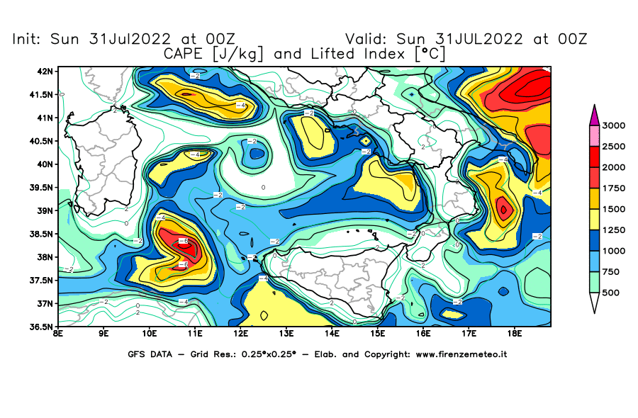 GFS analysi map - CAPE [J/kg] and Lifted Index [°C] in Southern Italy
									on 31/07/2022 00 <!--googleoff: index-->UTC<!--googleon: index-->