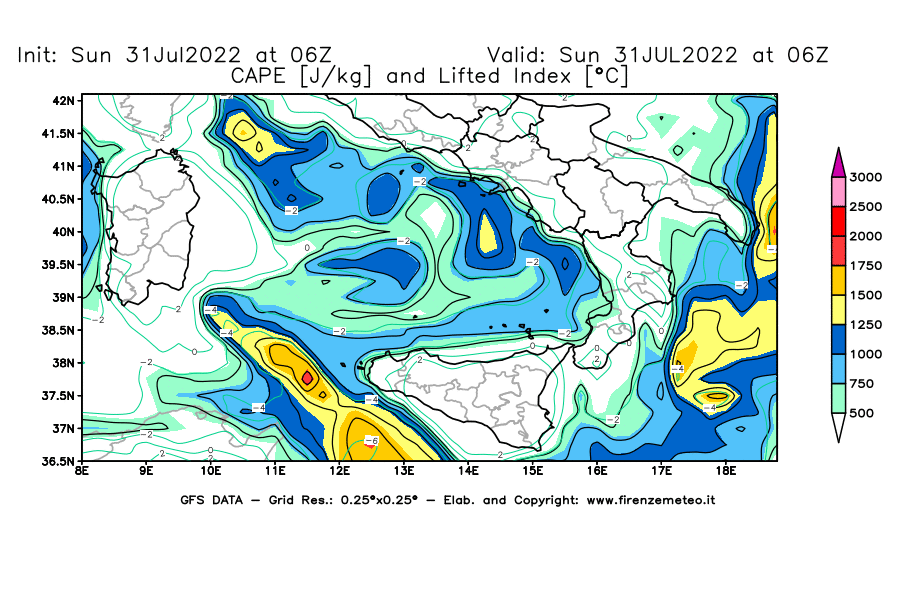 GFS analysi map - CAPE [J/kg] and Lifted Index [°C] in Southern Italy
									on 31/07/2022 06 <!--googleoff: index-->UTC<!--googleon: index-->
