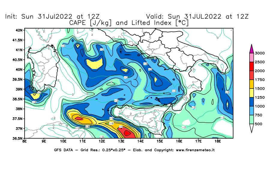 GFS analysi map - CAPE [J/kg] and Lifted Index [°C] in Southern Italy
									on 31/07/2022 12 <!--googleoff: index-->UTC<!--googleon: index-->