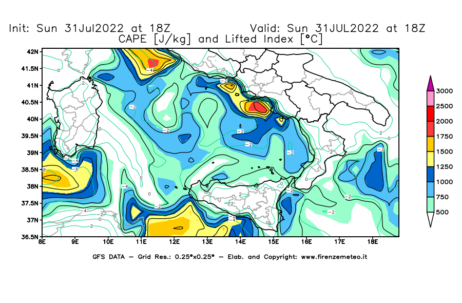 GFS analysi map - CAPE [J/kg] and Lifted Index [°C] in Southern Italy
									on 31/07/2022 18 <!--googleoff: index-->UTC<!--googleon: index-->