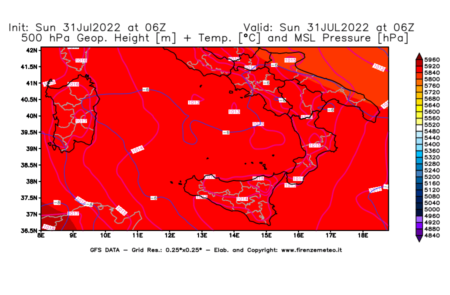 GFS analysi map - Geopotential [m] + Temp. [°C] at 500 hPa + Sea Level Pressure [hPa] in Southern Italy
									on 31/07/2022 06 <!--googleoff: index-->UTC<!--googleon: index-->