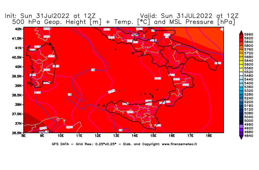 GFS analysi map - Geopotential [m] + Temp. [°C] at 500 hPa + Sea Level Pressure [hPa] in Southern Italy
									on 31/07/2022 12 <!--googleoff: index-->UTC<!--googleon: index-->