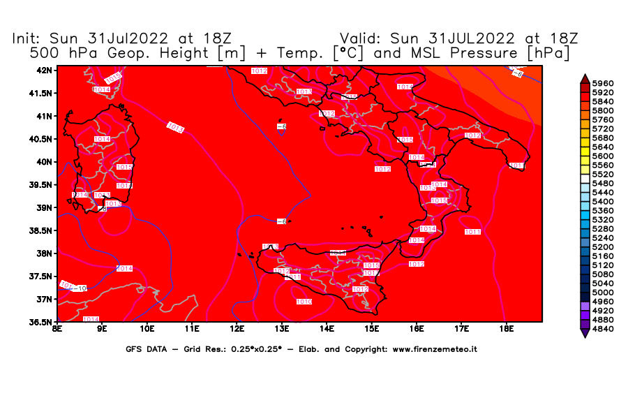 GFS analysi map - Geopotential [m] + Temp. [°C] at 500 hPa + Sea Level Pressure [hPa] in Southern Italy
									on 31/07/2022 18 <!--googleoff: index-->UTC<!--googleon: index-->