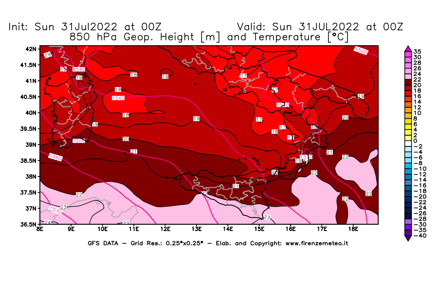 GFS analysi map - Geopotential [m] and Temperature [°C] at 850 hPa in Southern Italy
									on 31/07/2022 00 <!--googleoff: index-->UTC<!--googleon: index-->