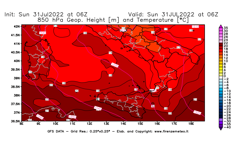 GFS analysi map - Geopotential [m] and Temperature [°C] at 850 hPa in Southern Italy
									on 31/07/2022 06 <!--googleoff: index-->UTC<!--googleon: index-->