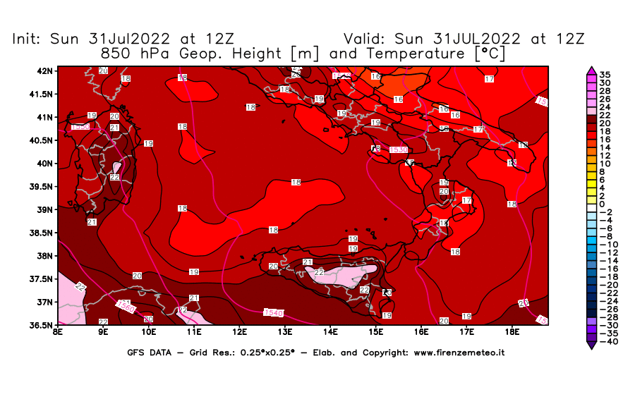 GFS analysi map - Geopotential [m] and Temperature [°C] at 850 hPa in Southern Italy
									on 31/07/2022 12 <!--googleoff: index-->UTC<!--googleon: index-->