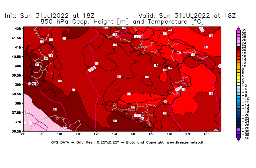 GFS analysi map - Geopotential [m] and Temperature [°C] at 850 hPa in Southern Italy
									on 31/07/2022 18 <!--googleoff: index-->UTC<!--googleon: index-->