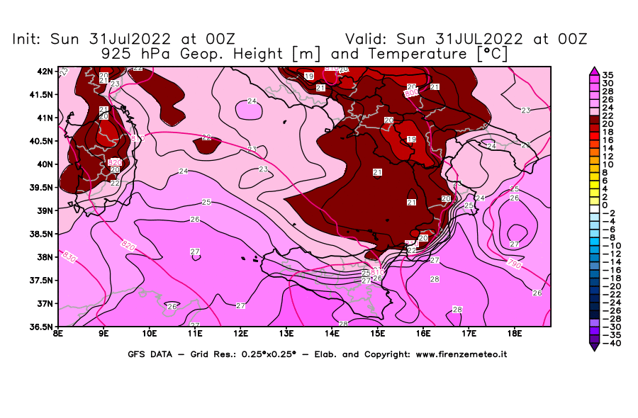 GFS analysi map - Geopotential [m] and Temperature [°C] at 925 hPa in Southern Italy
									on 31/07/2022 00 <!--googleoff: index-->UTC<!--googleon: index-->