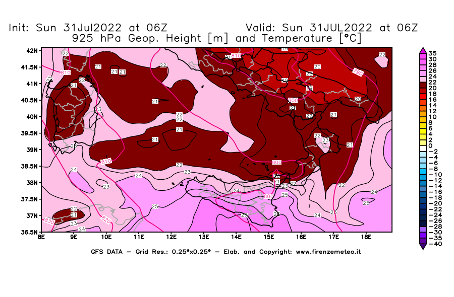 GFS analysi map - Geopotential [m] and Temperature [°C] at 925 hPa in Southern Italy
									on 31/07/2022 06 <!--googleoff: index-->UTC<!--googleon: index-->