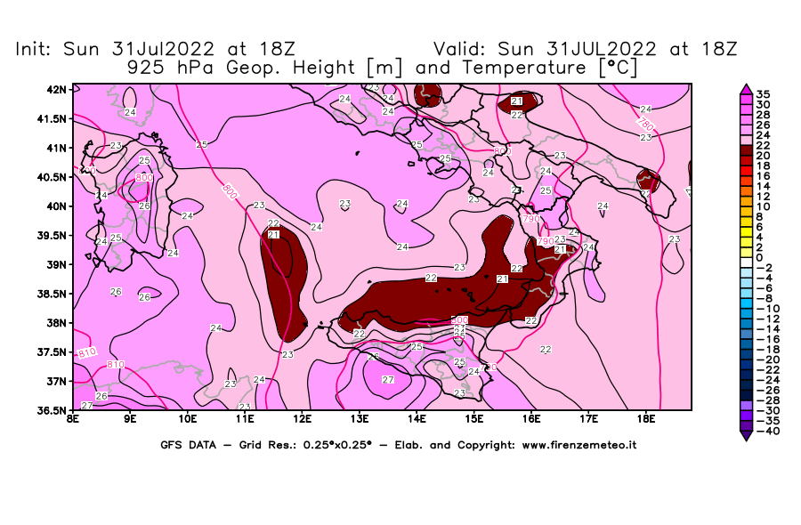 GFS analysi map - Geopotential [m] and Temperature [°C] at 925 hPa in Southern Italy
									on 31/07/2022 18 <!--googleoff: index-->UTC<!--googleon: index-->