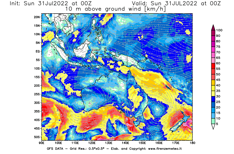 GFS analysi map - Wind Speed at 10 m above ground [km/h] in Oceania
									on 31/07/2022 00 <!--googleoff: index-->UTC<!--googleon: index-->