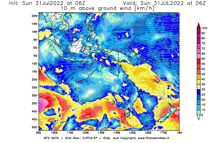 GFS analysi map - Wind Speed at 10 m above ground [km/h] in Oceania
									on 31/07/2022 06 <!--googleoff: index-->UTC<!--googleon: index-->