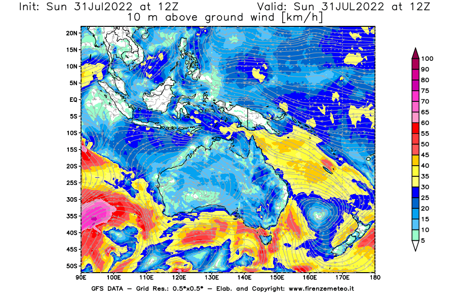 GFS analysi map - Wind Speed at 10 m above ground [km/h] in Oceania
									on 31/07/2022 12 <!--googleoff: index-->UTC<!--googleon: index-->