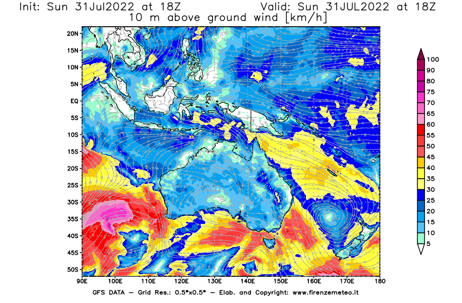GFS analysi map - Wind Speed at 10 m above ground [km/h] in Oceania
									on 31/07/2022 18 <!--googleoff: index-->UTC<!--googleon: index-->