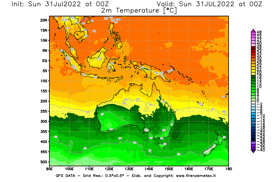 GFS analysi map - Temperature at 2 m above ground [°C] in Oceania
									on 31/07/2022 00 <!--googleoff: index-->UTC<!--googleon: index-->