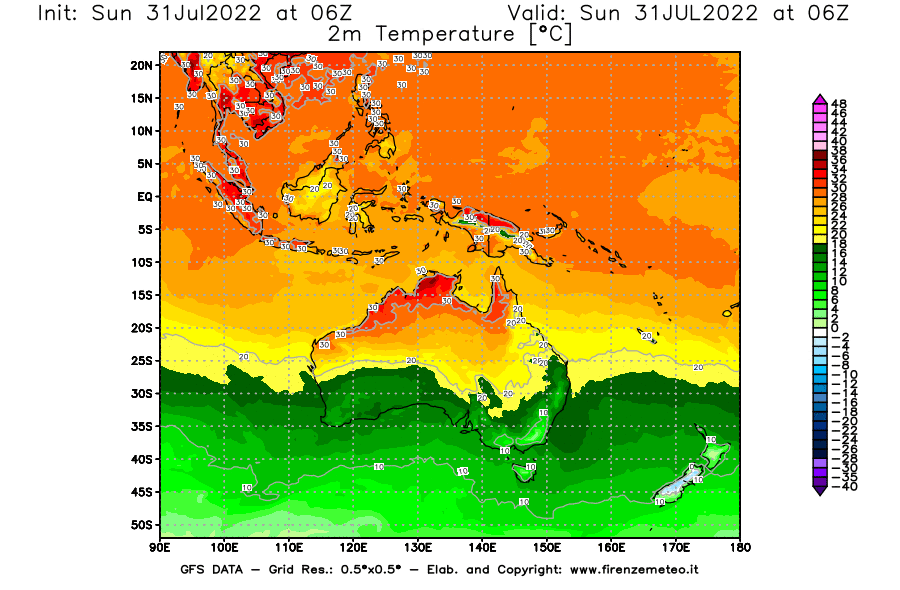 GFS analysi map - Temperature at 2 m above ground [°C] in Oceania
									on 31/07/2022 06 <!--googleoff: index-->UTC<!--googleon: index-->