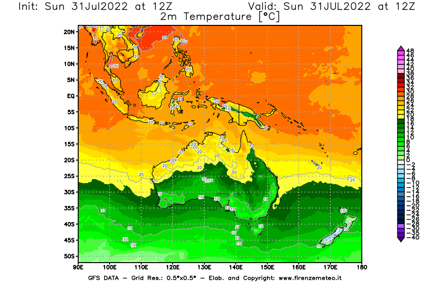 GFS analysi map - Temperature at 2 m above ground [°C] in Oceania
									on 31/07/2022 12 <!--googleoff: index-->UTC<!--googleon: index-->