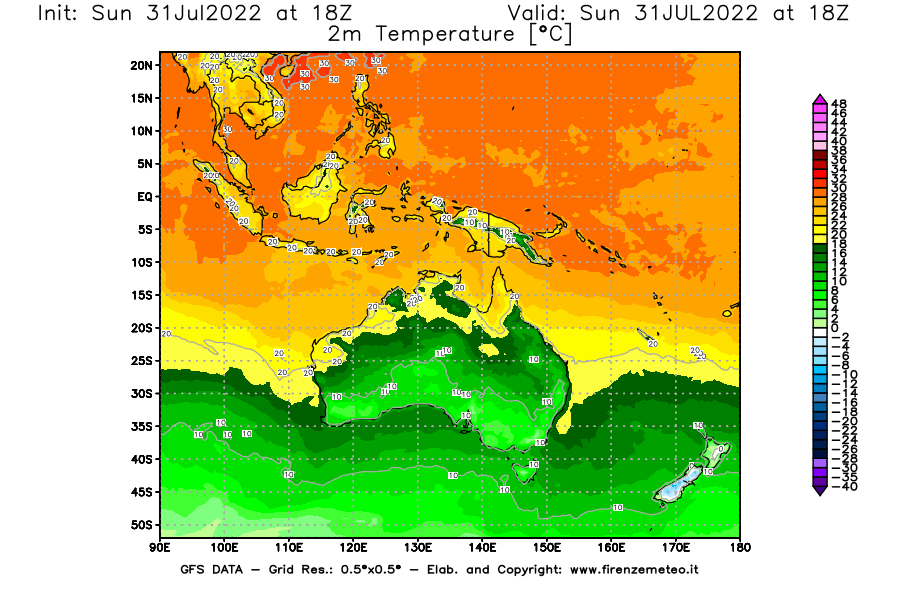 GFS analysi map - Temperature at 2 m above ground [°C] in Oceania
									on 31/07/2022 18 <!--googleoff: index-->UTC<!--googleon: index-->