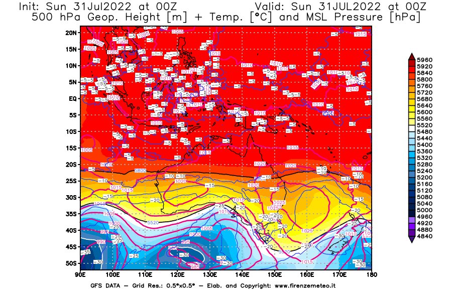 GFS analysi map - Geopotential [m] + Temp. [°C] at 500 hPa + Sea Level Pressure [hPa] in Oceania
									on 31/07/2022 00 <!--googleoff: index-->UTC<!--googleon: index-->