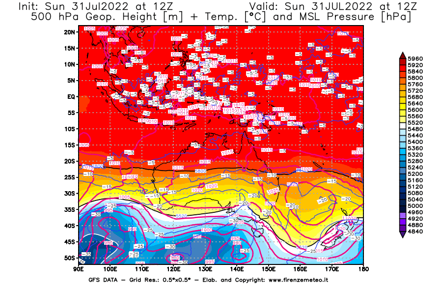 GFS analysi map - Geopotential [m] + Temp. [°C] at 500 hPa + Sea Level Pressure [hPa] in Oceania
									on 31/07/2022 12 <!--googleoff: index-->UTC<!--googleon: index-->