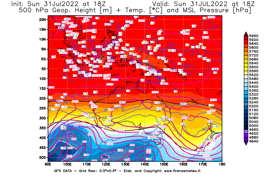 GFS analysi map - Geopotential [m] + Temp. [°C] at 500 hPa + Sea Level Pressure [hPa] in Oceania
									on 31/07/2022 18 <!--googleoff: index-->UTC<!--googleon: index-->