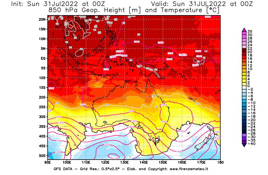 GFS analysi map - Geopotential [m] and Temperature [°C] at 850 hPa in Oceania
									on 31/07/2022 00 <!--googleoff: index-->UTC<!--googleon: index-->