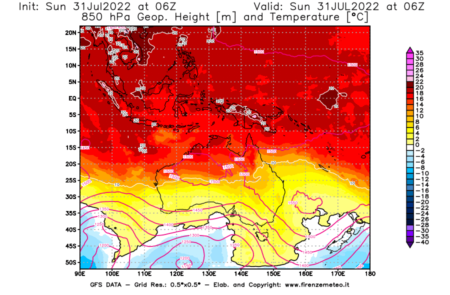 GFS analysi map - Geopotential [m] and Temperature [°C] at 850 hPa in Oceania
									on 31/07/2022 06 <!--googleoff: index-->UTC<!--googleon: index-->