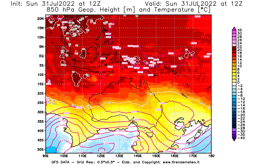 GFS analysi map - Geopotential [m] and Temperature [°C] at 850 hPa in Oceania
									on 31/07/2022 12 <!--googleoff: index-->UTC<!--googleon: index-->
