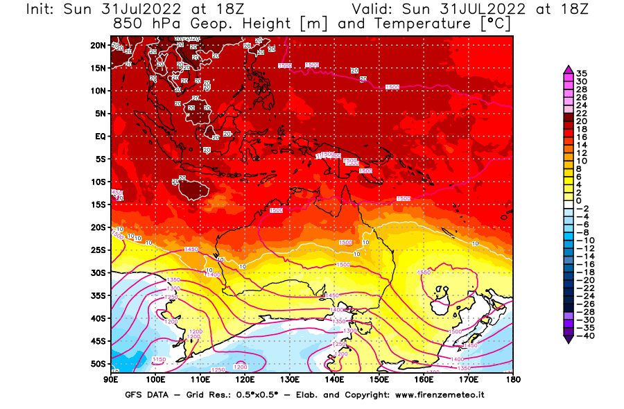 GFS analysi map - Geopotential [m] and Temperature [°C] at 850 hPa in Oceania
									on 31/07/2022 18 <!--googleoff: index-->UTC<!--googleon: index-->