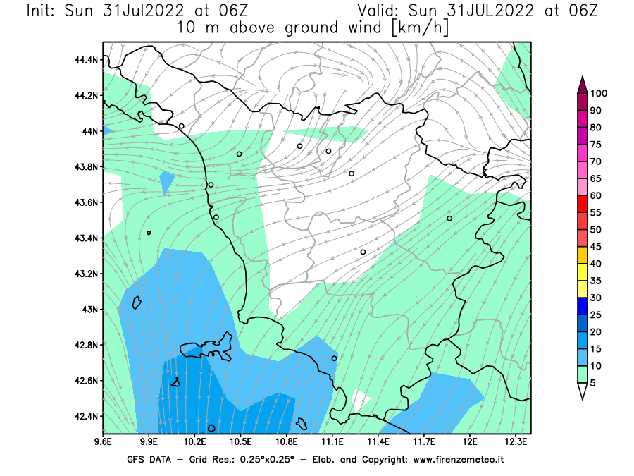 GFS analysi map - Wind Speed at 10 m above ground [km/h] in Tuscany
									on 31/07/2022 06 <!--googleoff: index-->UTC<!--googleon: index-->